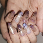 Purple Cosmos – Nude-Pink to Smoky Purple Long Oval Press-On Nails (Gold Foil + Iridescent Shimmer)