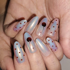 Cherry Chill – Y2K Cherry Polka Dot Long Oval Press-On Nails (Iridescent Pastel Glow)