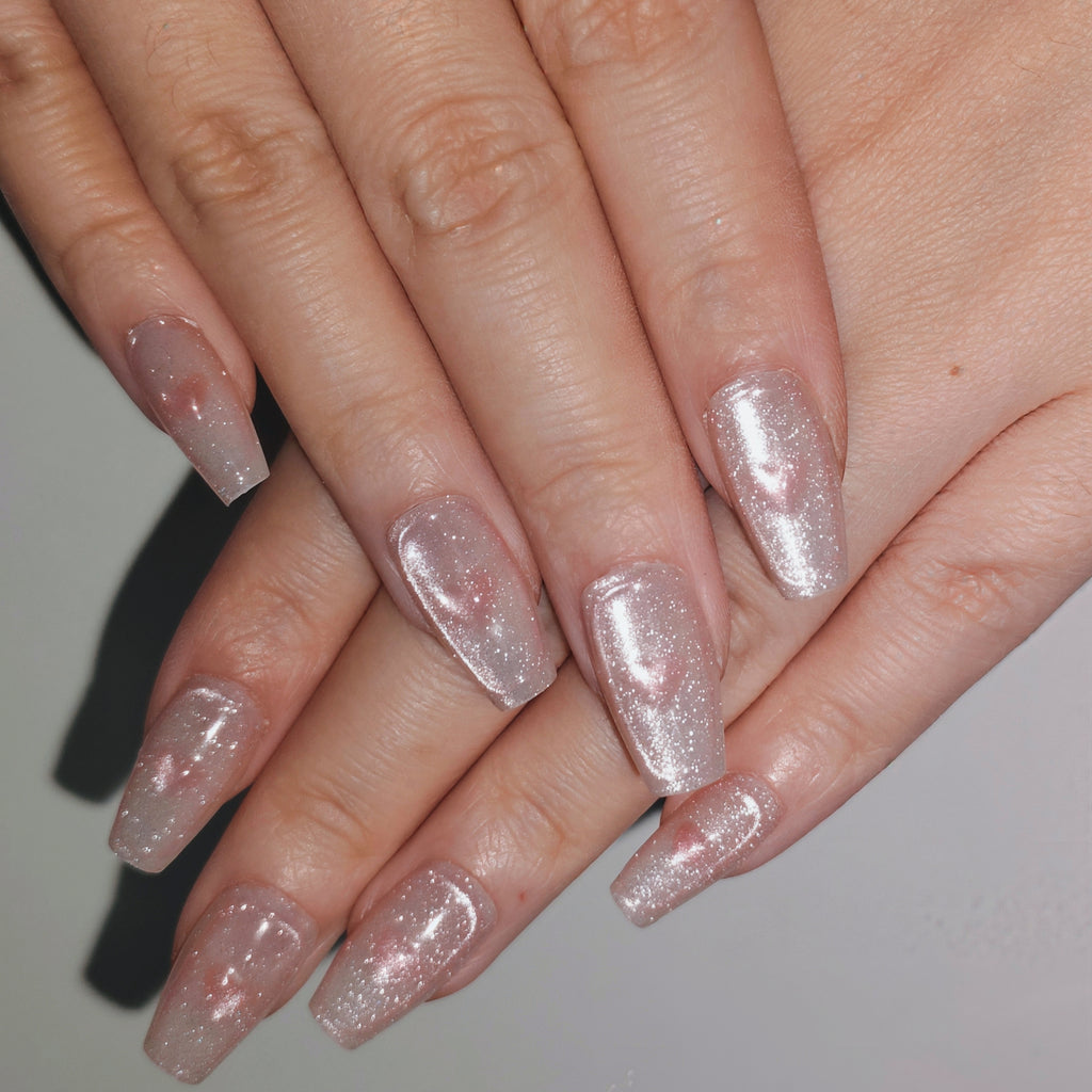 Moonlit Heart – Icy Sheer Nude “Milk Tea” Medium Oval Press-On Nails (Pattern-Free High Gloss)