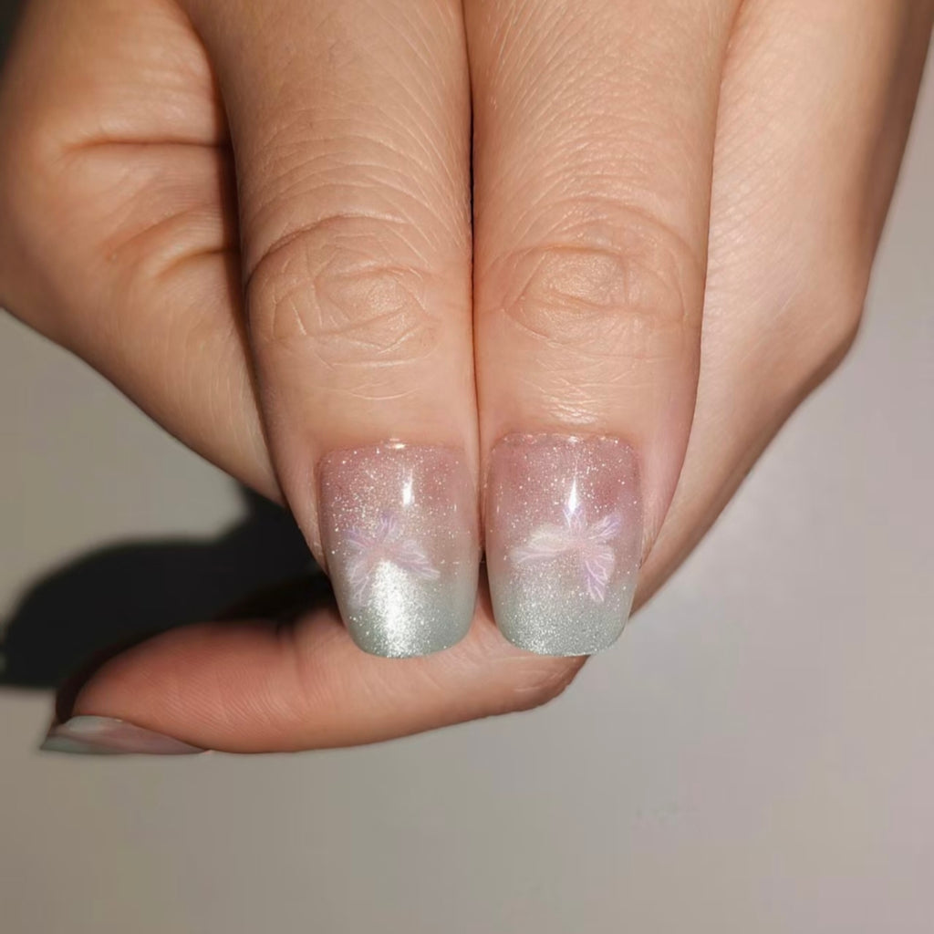 Butterfly Haze – Pink-Green Gradient Short Square Press-On Nails (Butterfly Accents + Cat Eye Shimmer)