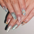 Aqua Jelly – Pink & Green Color-Block Long Oval Press-On Nails (Bow/Leaf Vein/Floral + Pearl 3D Glow)