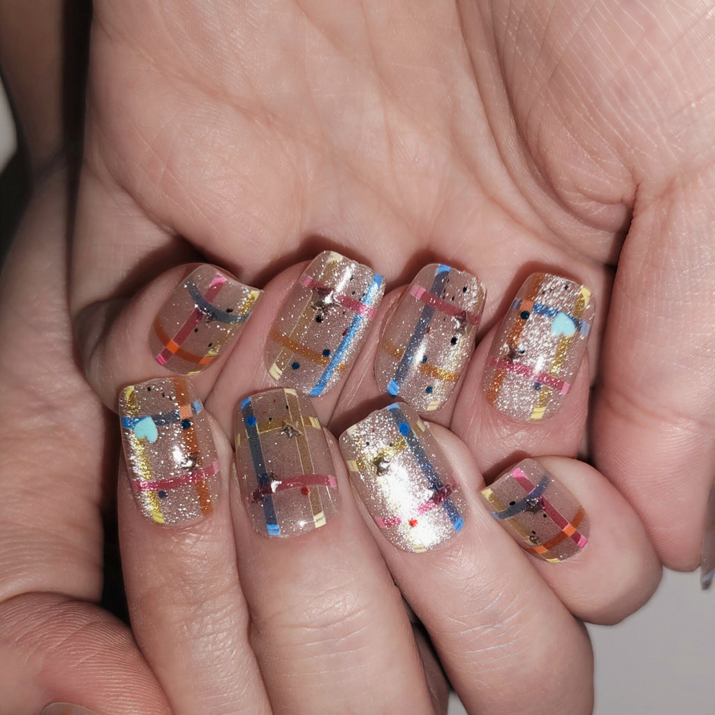 Candy Confetti – Nude-Pink Grid Short Square Press-On Nails (Mirror Powder Metallic Sheen, Y2K Sweet-Cool)