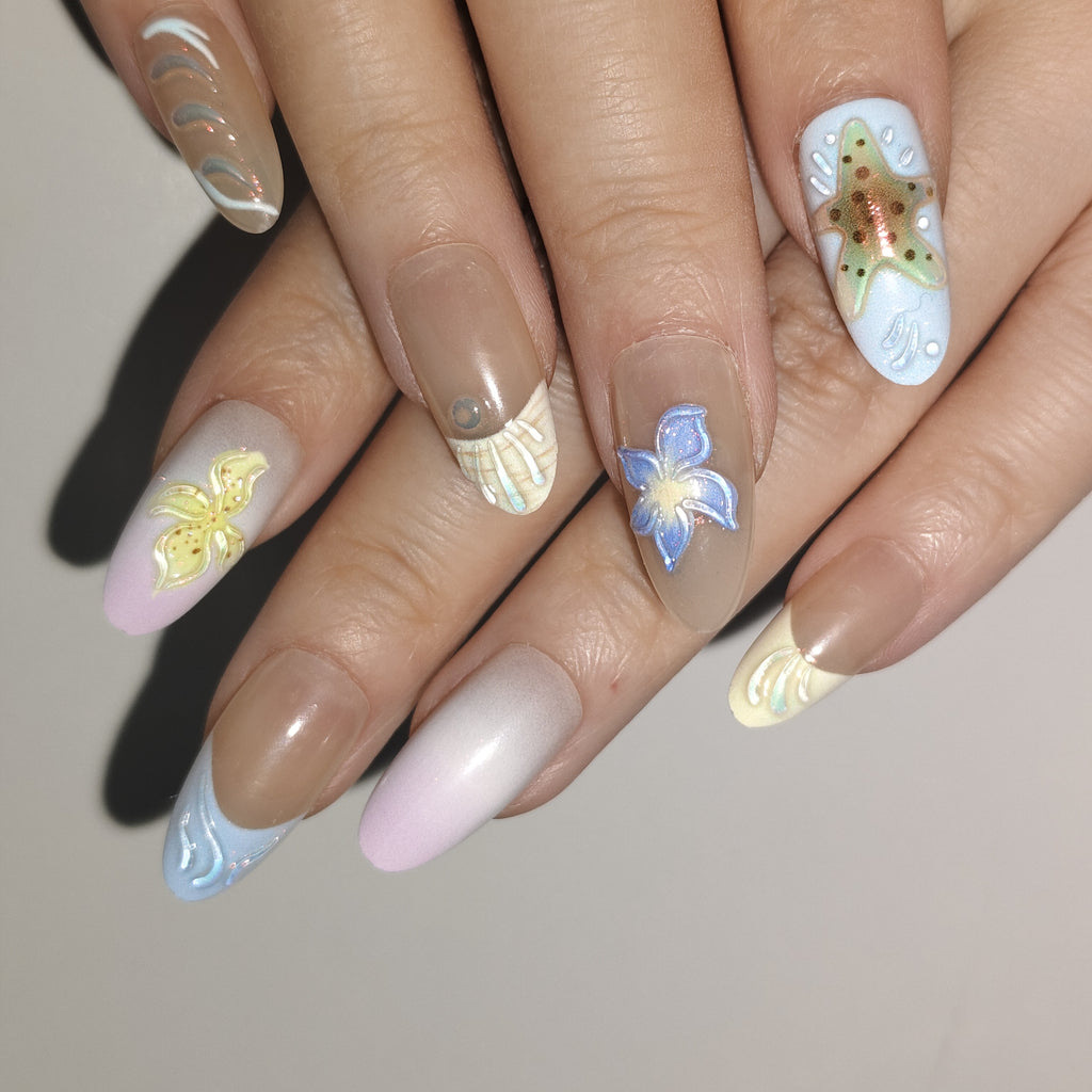 Dreamy Hawaii – Pink & Blue Color-Block Long Oval Press-On Nails (Starfish/Shell + Iridescent 3D Glow)