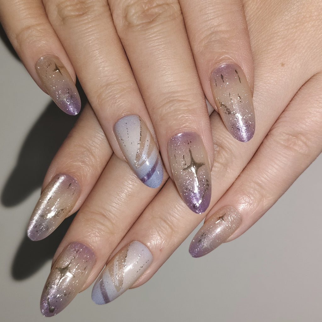 Purple Cosmos – Nude-Pink to Smoky Purple Long Oval Press-On Nails (Gold Foil + Iridescent Shimmer)