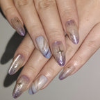 Purple Cosmos – Nude-Pink to Smoky Purple Long Oval Press-On Nails (Gold Foil + Iridescent Shimmer)
