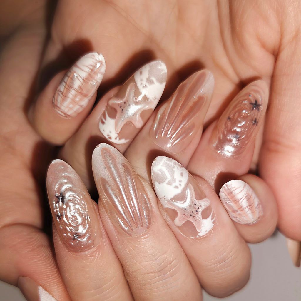 Seaside Ivory – Sheer Nude-Pink & Milky White Long Oval Press-On Nails (Satin Wave + Pearl Glow)