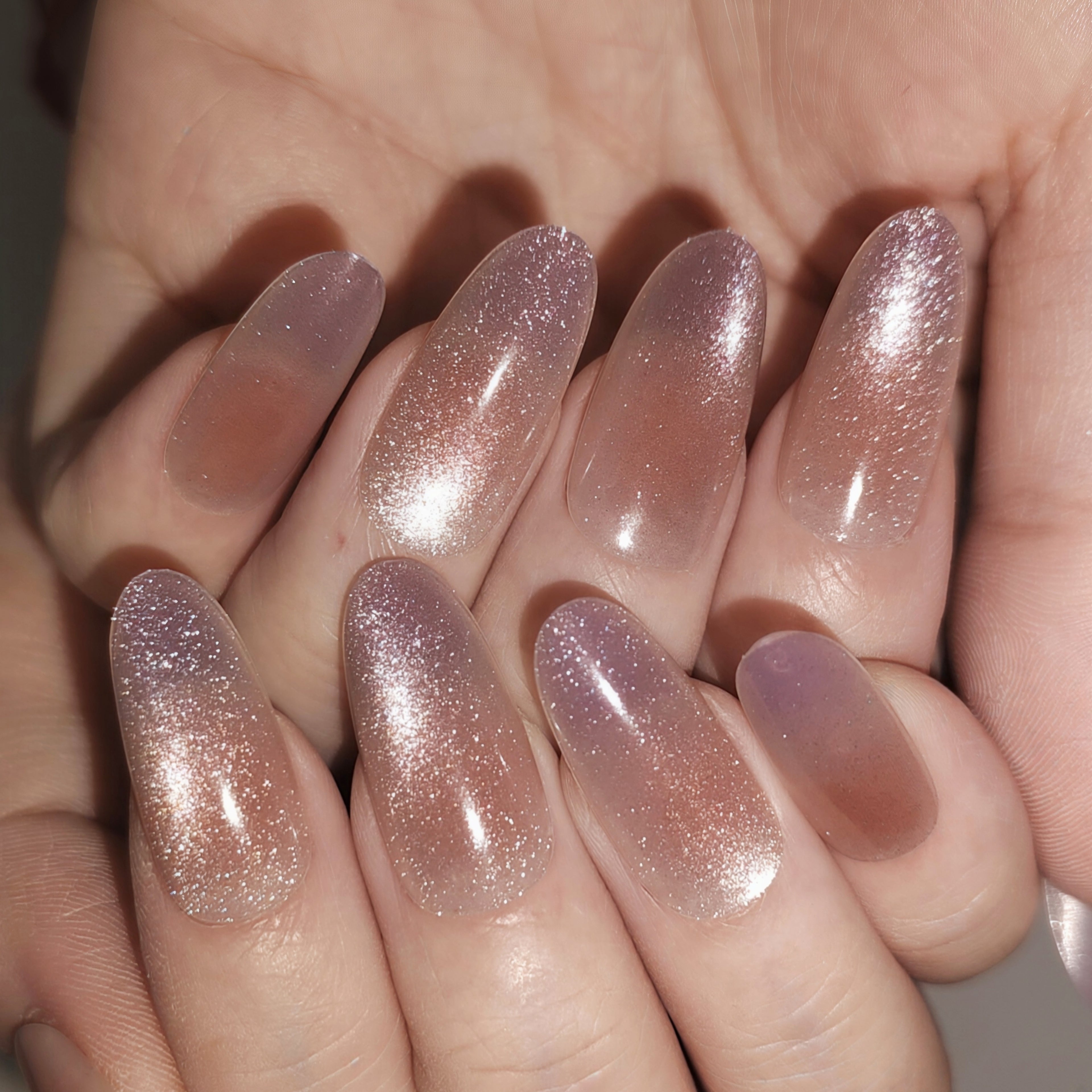 Plum Kiss (Long) – Pink-Brown to Smoky Purple Long Oval Press-On Nails (Iridescent + Fine Glitter Shimmer)