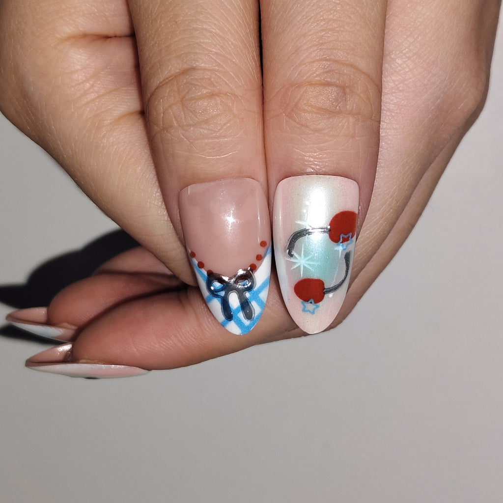 Cherry Pop Blue – Y2K Cherry & Plaid Long Oval Press-On Nails (Iridescent + Mirror Metallic Lines)