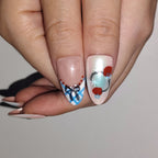 Cherry Pop Blue – Y2K Cherry & Plaid Long Oval Press-On Nails (Iridescent + Mirror Metallic Lines)