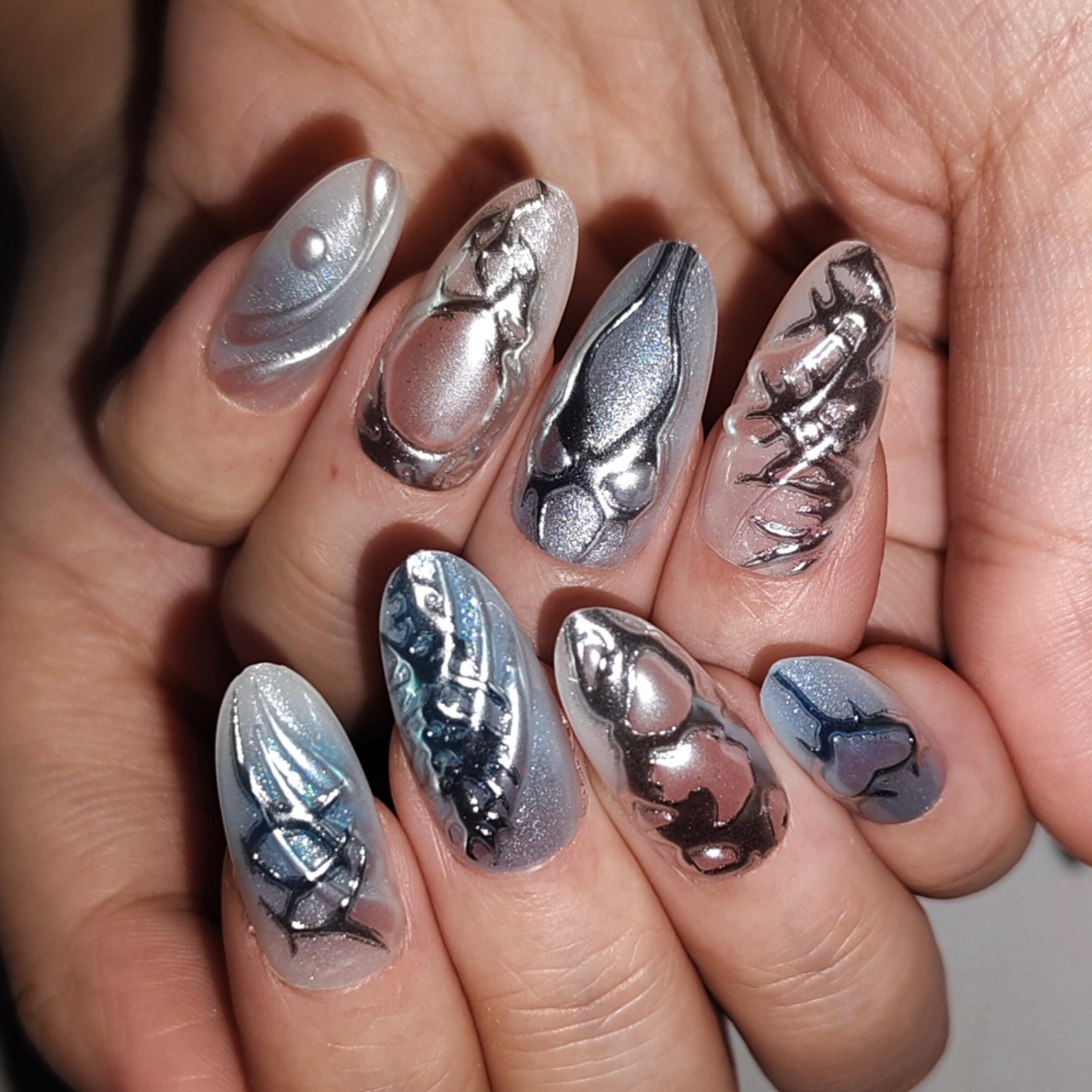 Cyber Frost – Silver/Blue/Black Color-Block Long Oval Press-On Nails (Liquid Metal + Mirror Powder + 3D)
