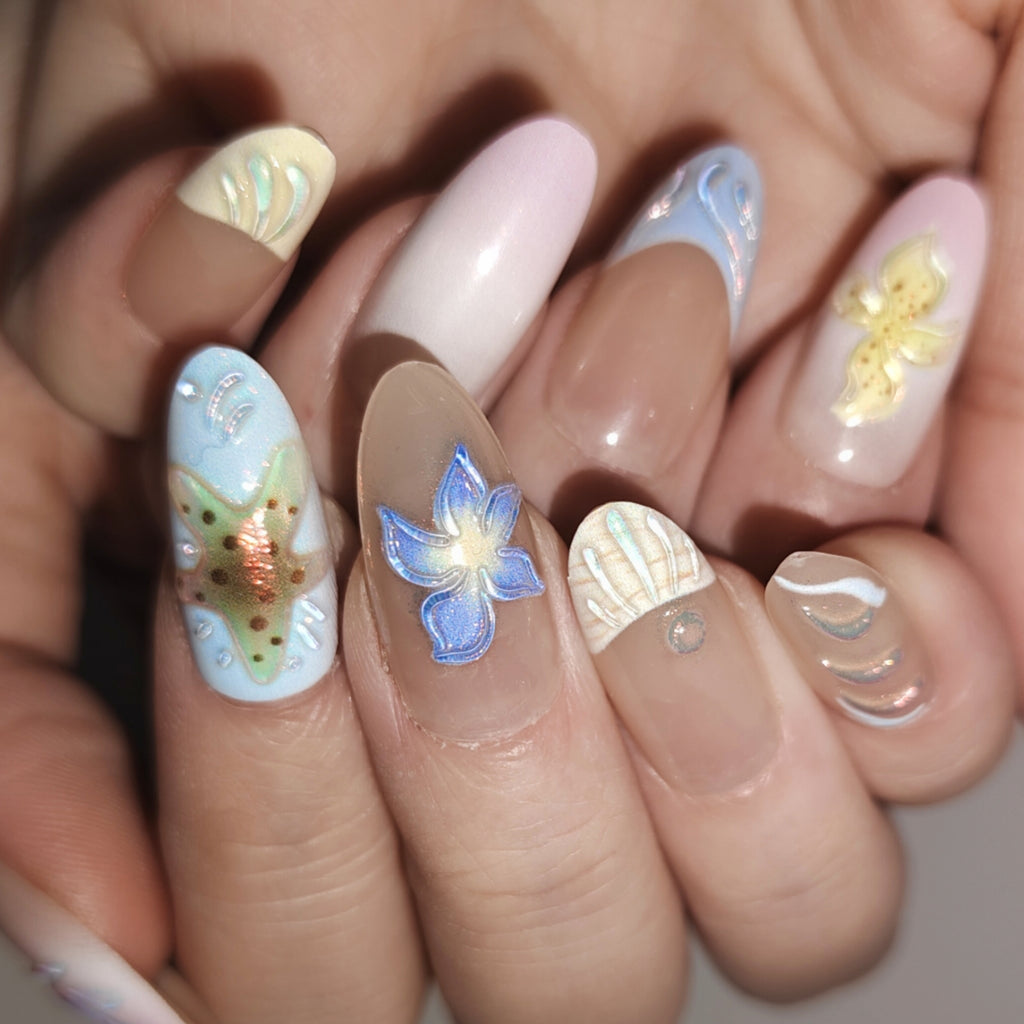 Dreamy Hawaii – Pink & Blue Color-Block Long Oval Press-On Nails (Starfish/Shell + Iridescent 3D Glow)