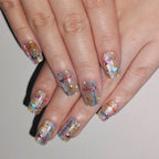 Candy Confetti – Nude-Pink Grid Short Square Press-On Nails (Mirror Powder Metallic Sheen, Y2K Sweet-Cool)