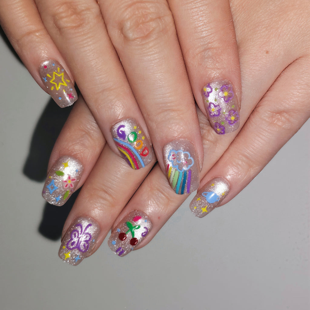 Moonlight Splash – Whimsical Rainbow Cloud Short Square Press-On Nails (Sequin + Glitter Layered Finish)
