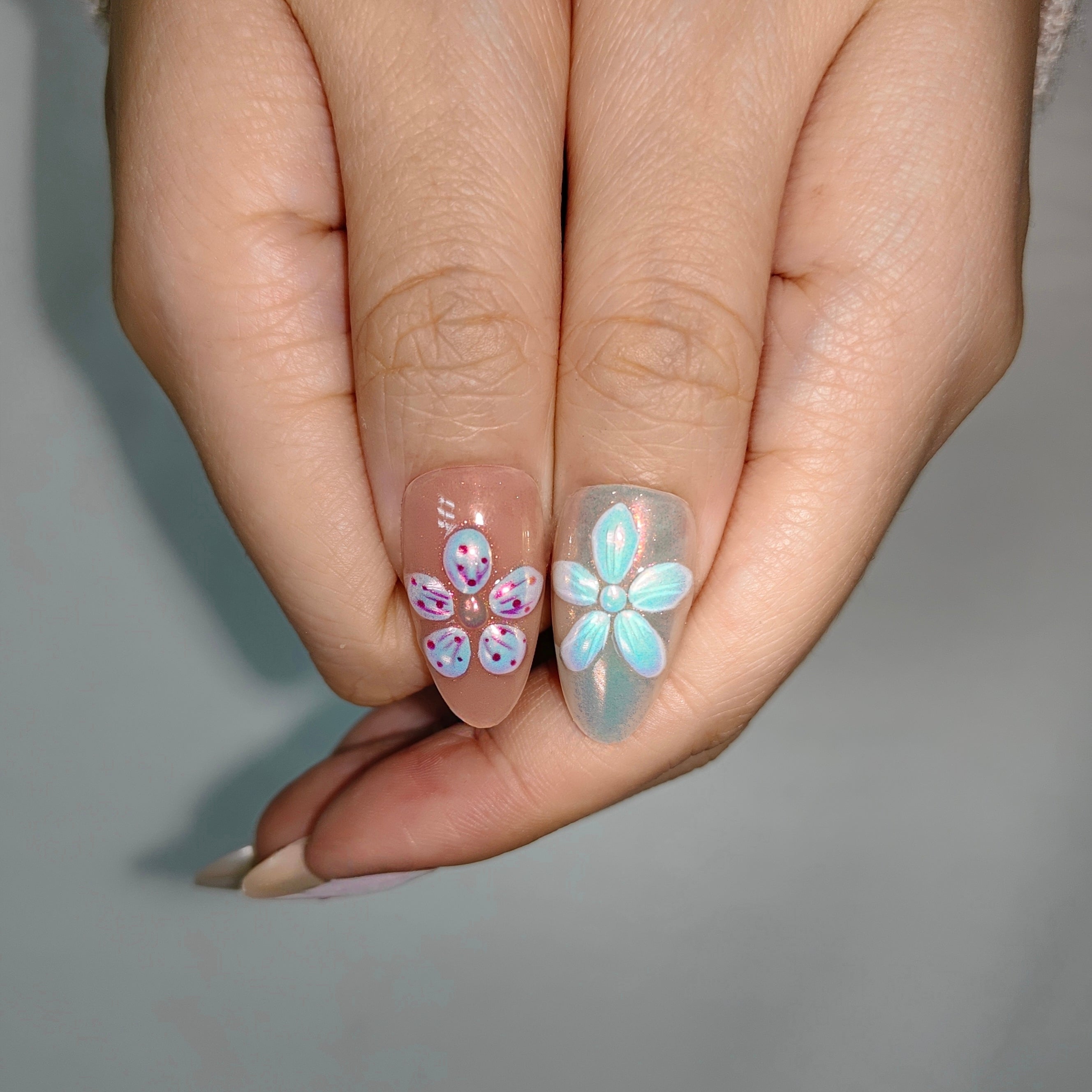Opal Blush – 3D Floral Aurora Almond Press-On Nails (Medium-Long)