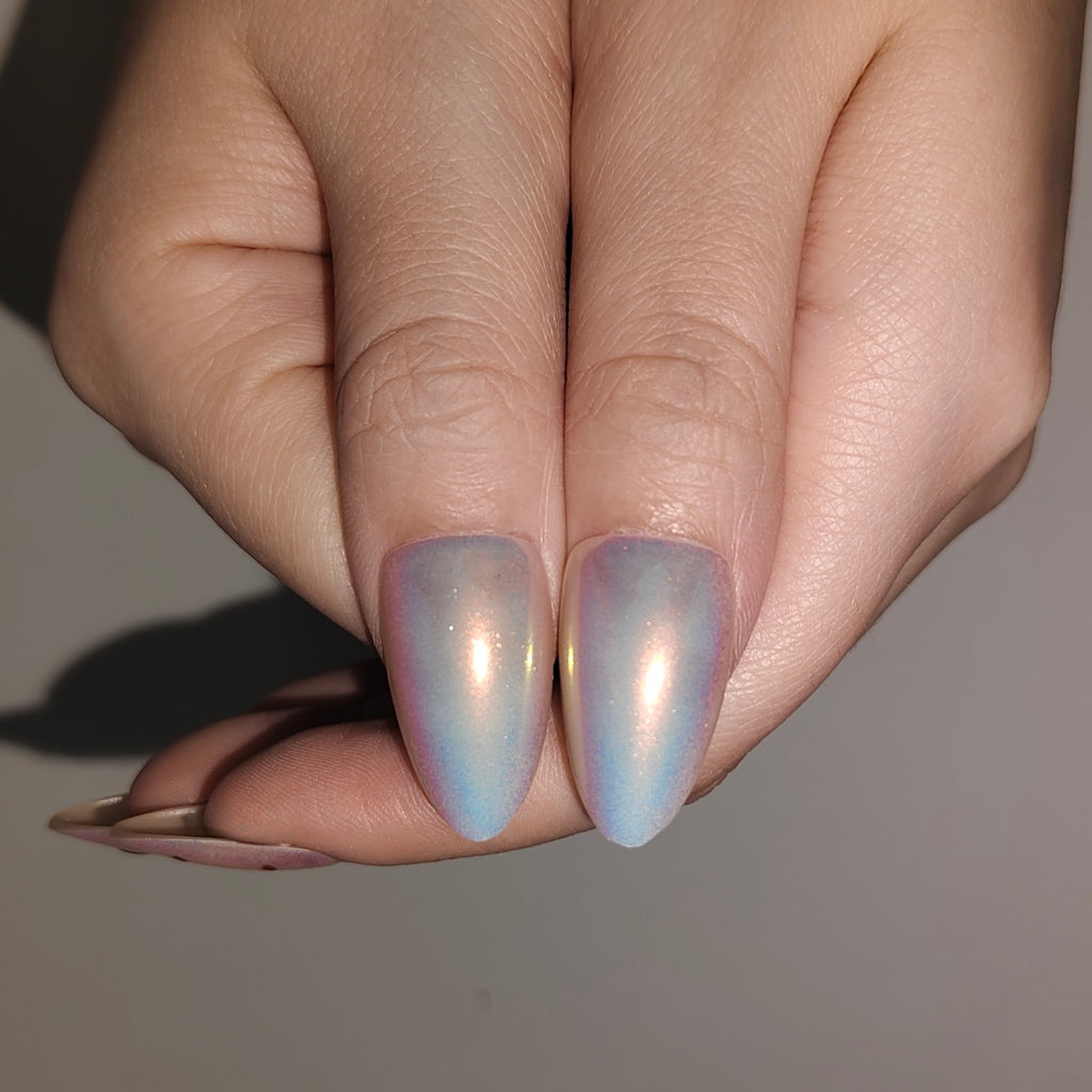 Cherry Chill – Y2K Cherry Polka Dot Long Oval Press-On Nails (Iridescent Pastel Glow)