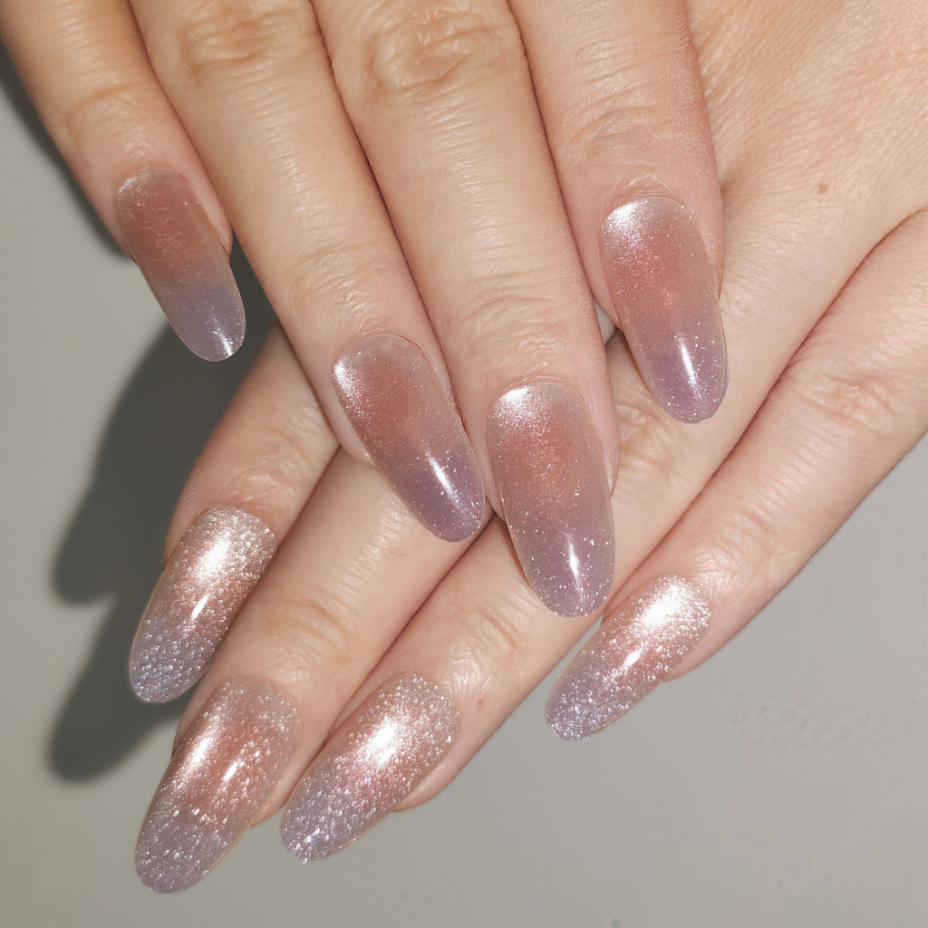 Plum Kiss (Long) – Pink-Brown to Smoky Purple Long Oval Press-On Nails (Iridescent + Fine Glitter Shimmer)