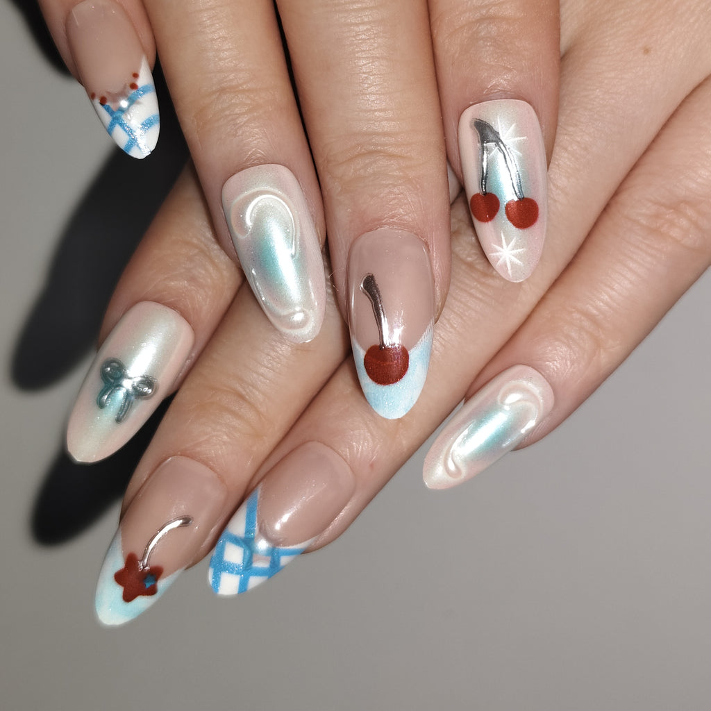 Cherry Pop Blue – Y2K Cherry & Plaid Long Oval Press-On Nails (Iridescent + Mirror Metallic Lines)