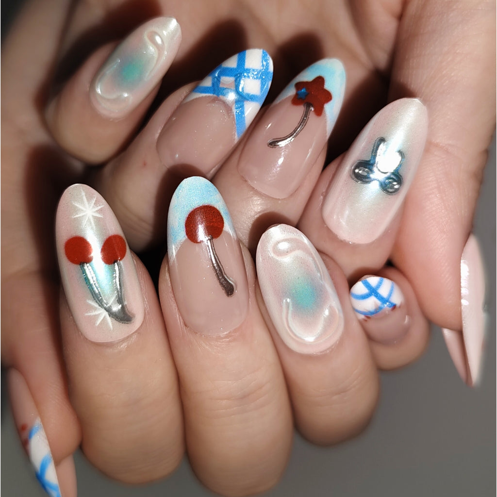 Cherry Pop Blue – Y2K Cherry & Plaid Long Oval Press-On Nails (Iridescent + Mirror Metallic Lines)