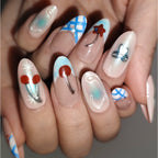 Cherry Pop Blue – Y2K Cherry & Plaid Long Oval Press-On Nails (Iridescent + Mirror Metallic Lines)