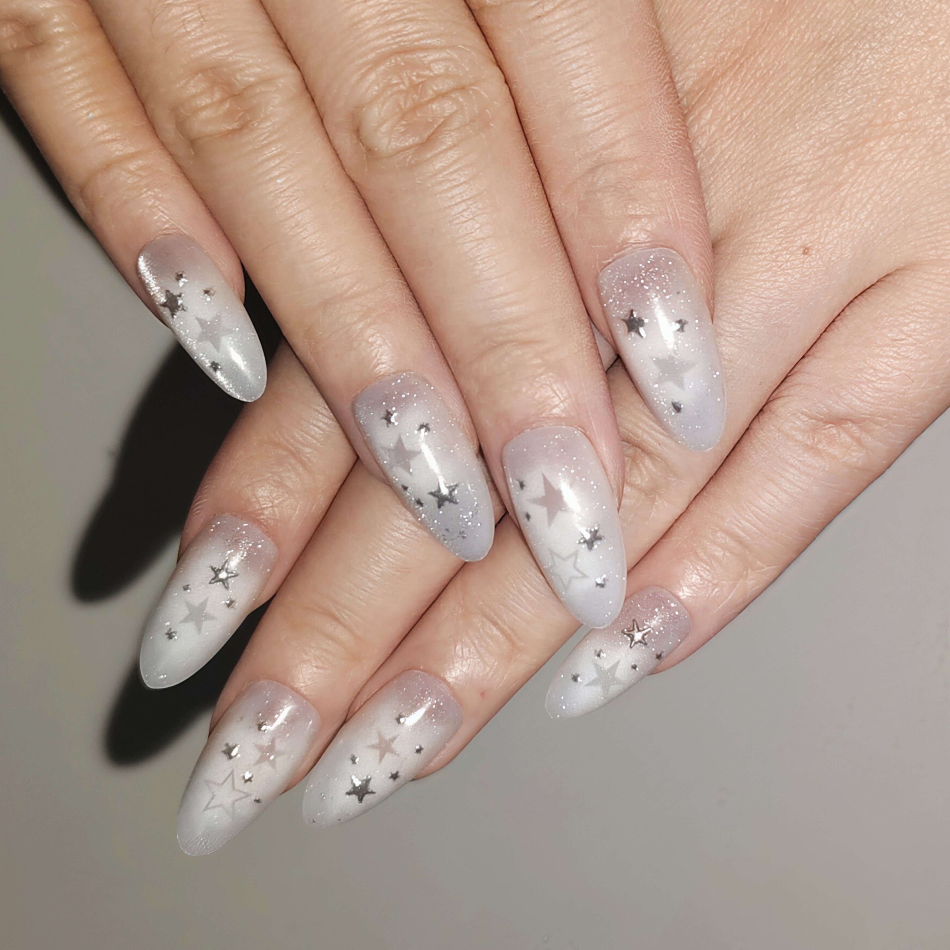 Silver Starlight – Silver Shimmer “Starry” Press-On Nails (High-Impact Sparkle Look)