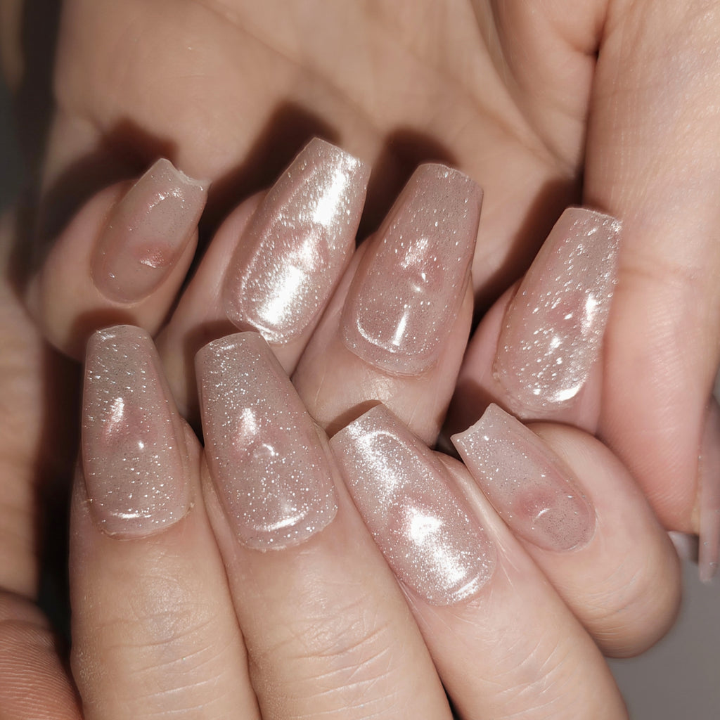 Moonlit Heart – Icy Sheer Nude “Milk Tea” Medium Oval Press-On Nails (Pattern-Free High Gloss)
