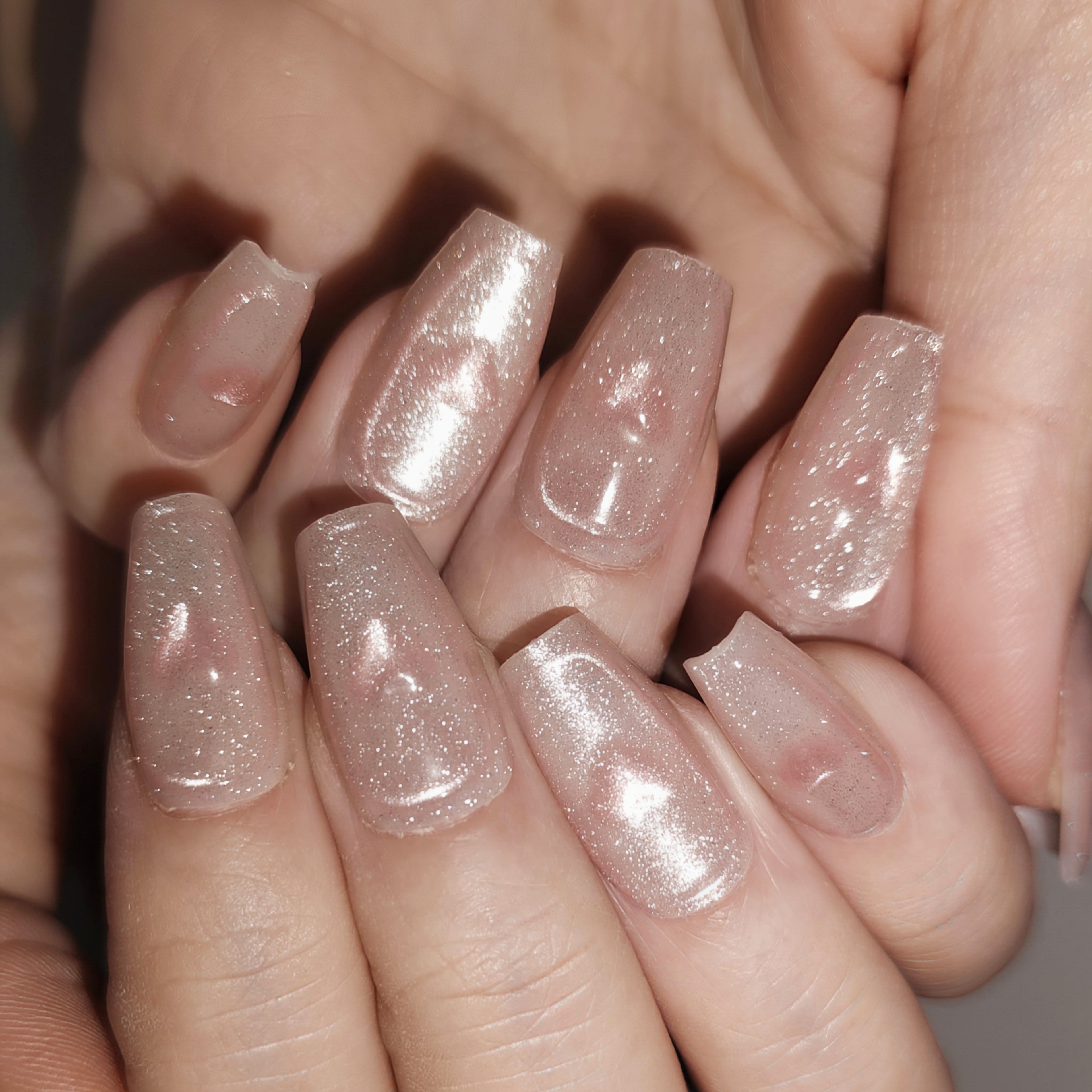 Moonlit Heart – Icy Sheer Nude “Milk Tea” Medium Oval Press-On Nails (Pattern-Free High Gloss)