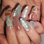 Aqua Jelly – Pink & Green Color-Block Long Oval Press-On Nails (Bow/Leaf Vein/Floral + Pearl 3D Glow)