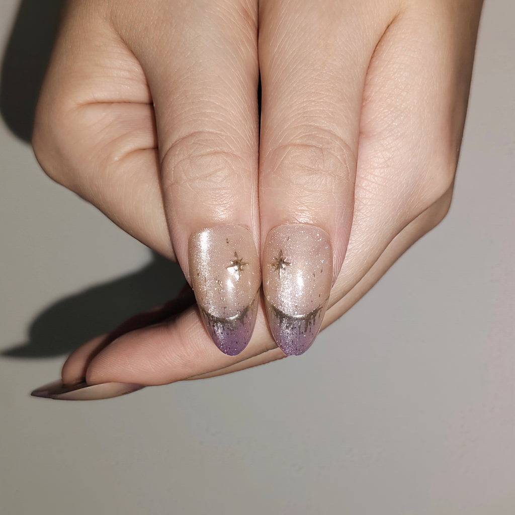 Purple Cosmos – Nude-Pink to Smoky Purple Long Oval Press-On Nails (Gold Foil + Iridescent Shimmer)