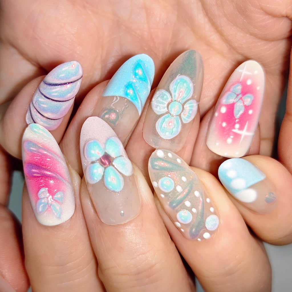 Opal Blush – 3D Floral Aurora Almond Press-On Nails (Medium-Long)