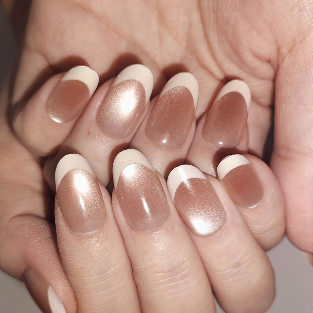 Moonlight Prism – Nude Base & Off-White French Tip Medium Oval Press-On Nails (Pearl Powder Soft Metallic Sheen)