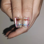 Candy Confetti – Nude-Pink Grid Short Square Press-On Nails (Mirror Powder Metallic Sheen, Y2K Sweet-Cool)