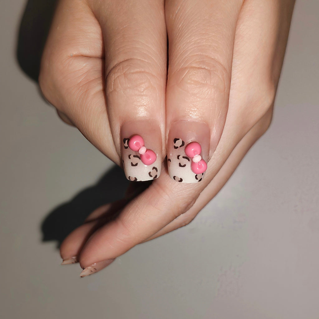 Leopard Kitty – Y2K Leopard Short Square Press-On Nails (3D Kitty + High Gloss)