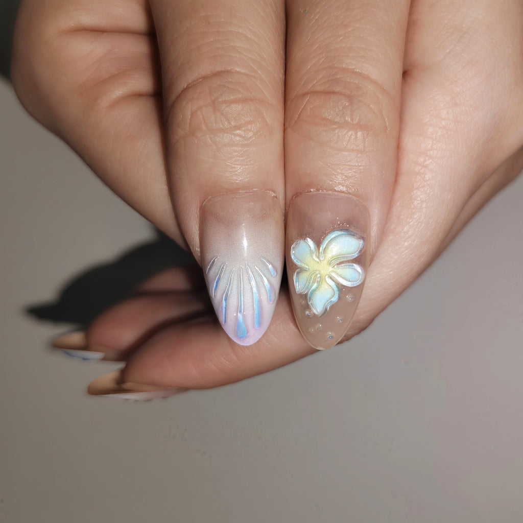 Dreamy Hawaii – Pink & Blue Color-Block Long Oval Press-On Nails (Starfish/Shell + Iridescent 3D Glow)
