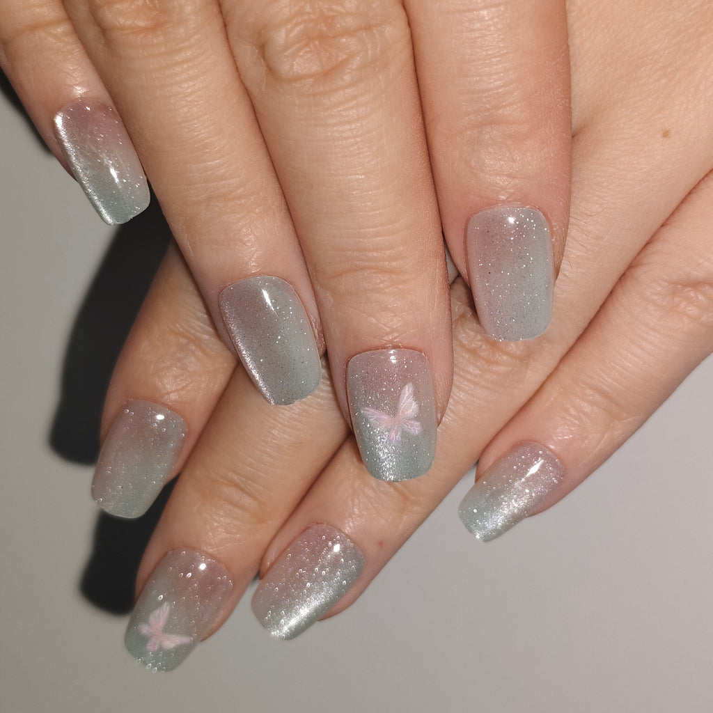 Butterfly Haze – Pink-Green Gradient Short Square Press-On Nails (Butterfly Accents + Cat Eye Shimmer)