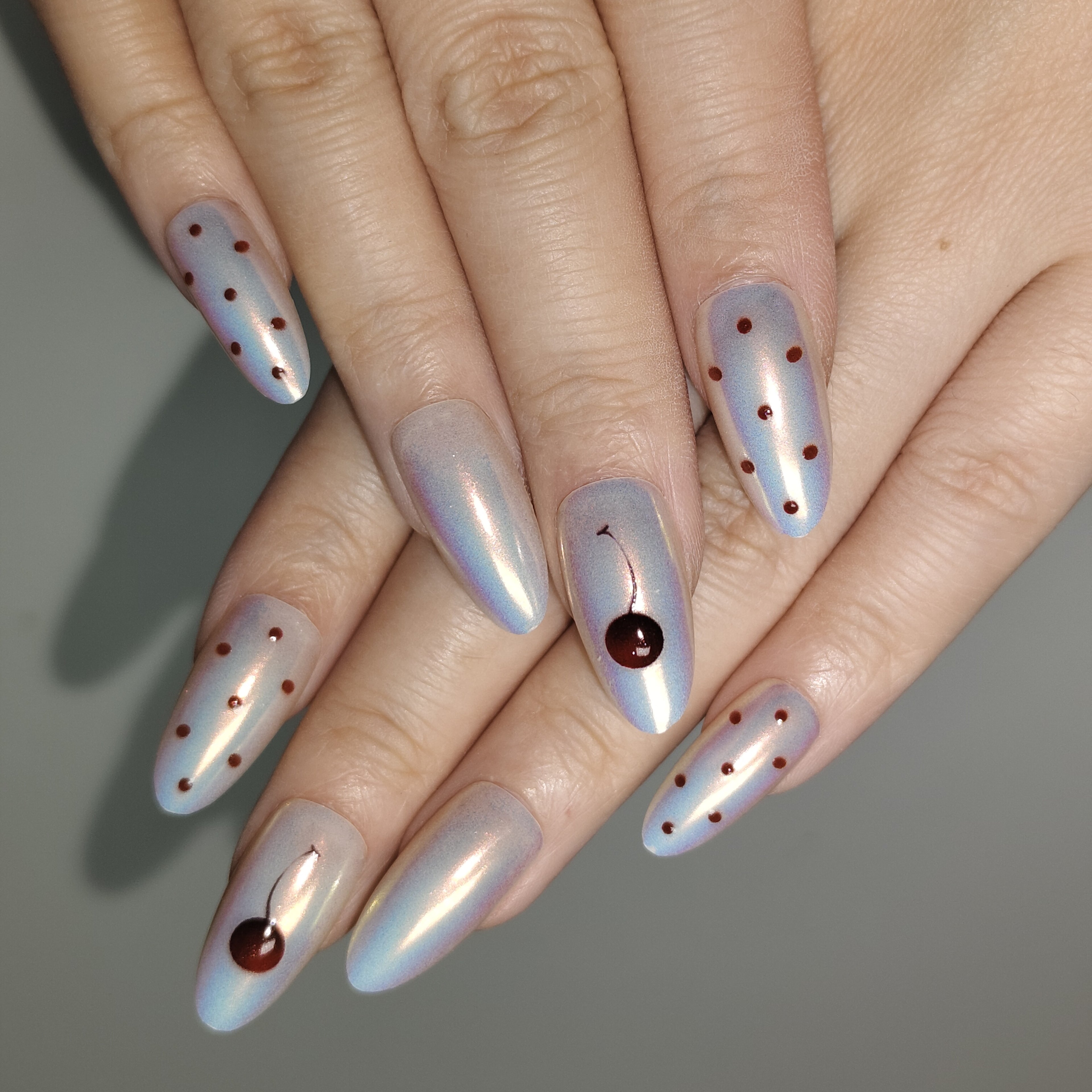 Cherry Chill – Y2K Cherry Polka Dot Long Oval Press-On Nails (Iridescent Pastel Glow)