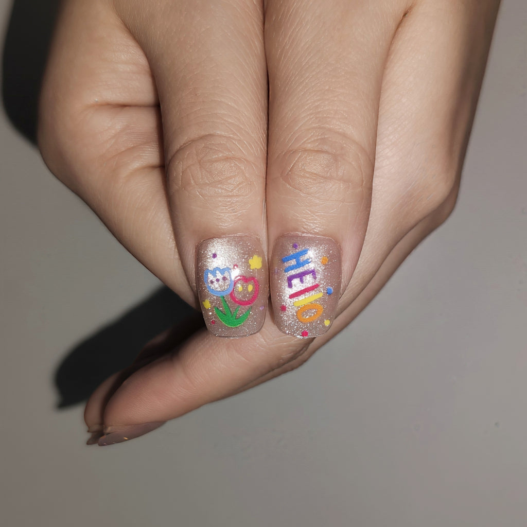 Moonlight Splash – Whimsical Rainbow Cloud Short Square Press-On Nails (Sequin + Glitter Layered Finish)