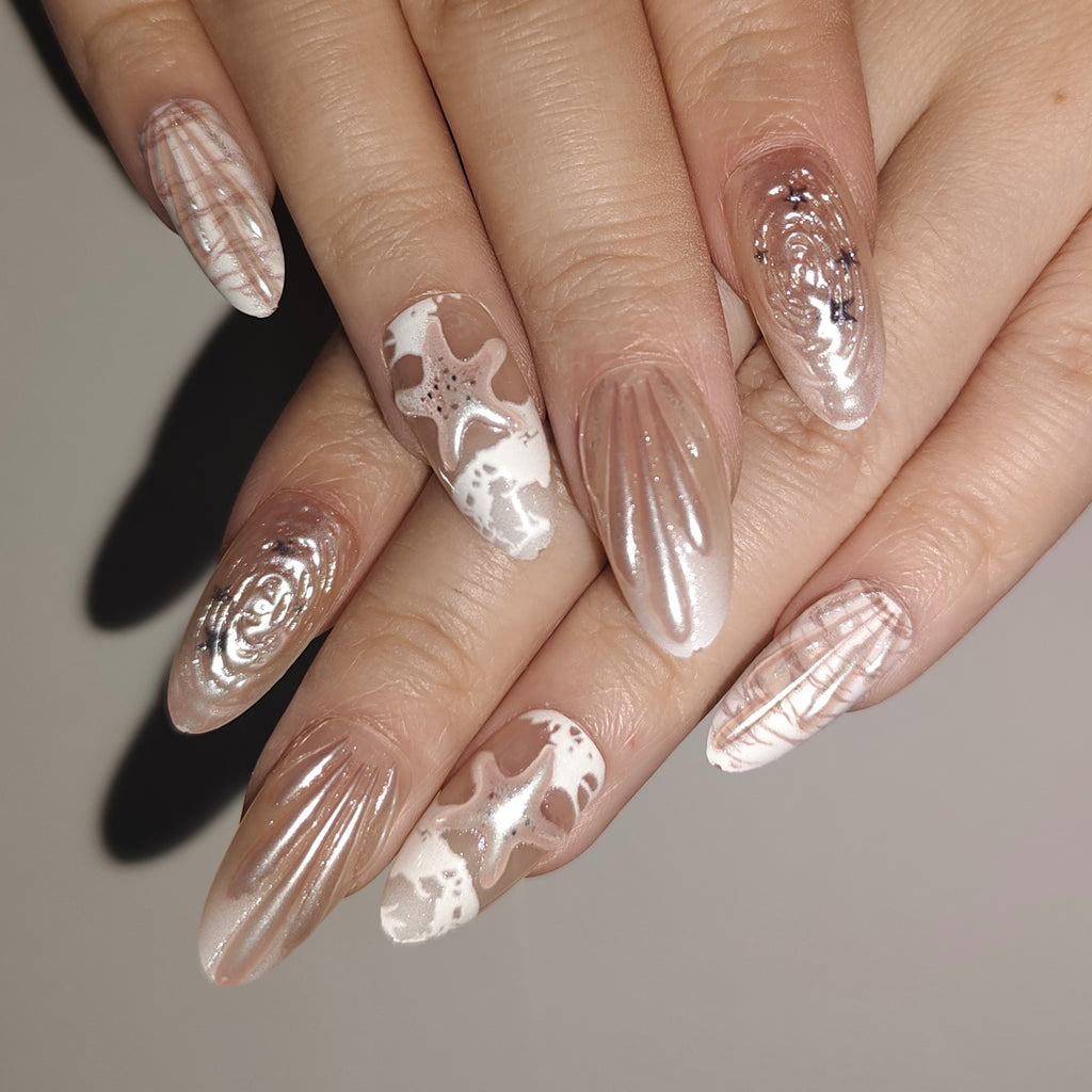 Seaside Ivory – Sheer Nude-Pink & Milky White Long Oval Press-On Nails (Satin Wave + Pearl Glow)