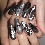 Obsidian Heart – Black-to-Silver Liquid Metal Long Oval Press-On Nails (Mirror + 3D Texture)