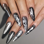 Obsidian Heart – Black-to-Silver Liquid Metal Long Oval Press-On Nails (Mirror + 3D Texture)